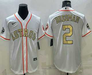 Men%27s Houston Astros #2 Alex Bregman White Gold 2022 World Series Champions Stitched Cool Base Nike Jersey